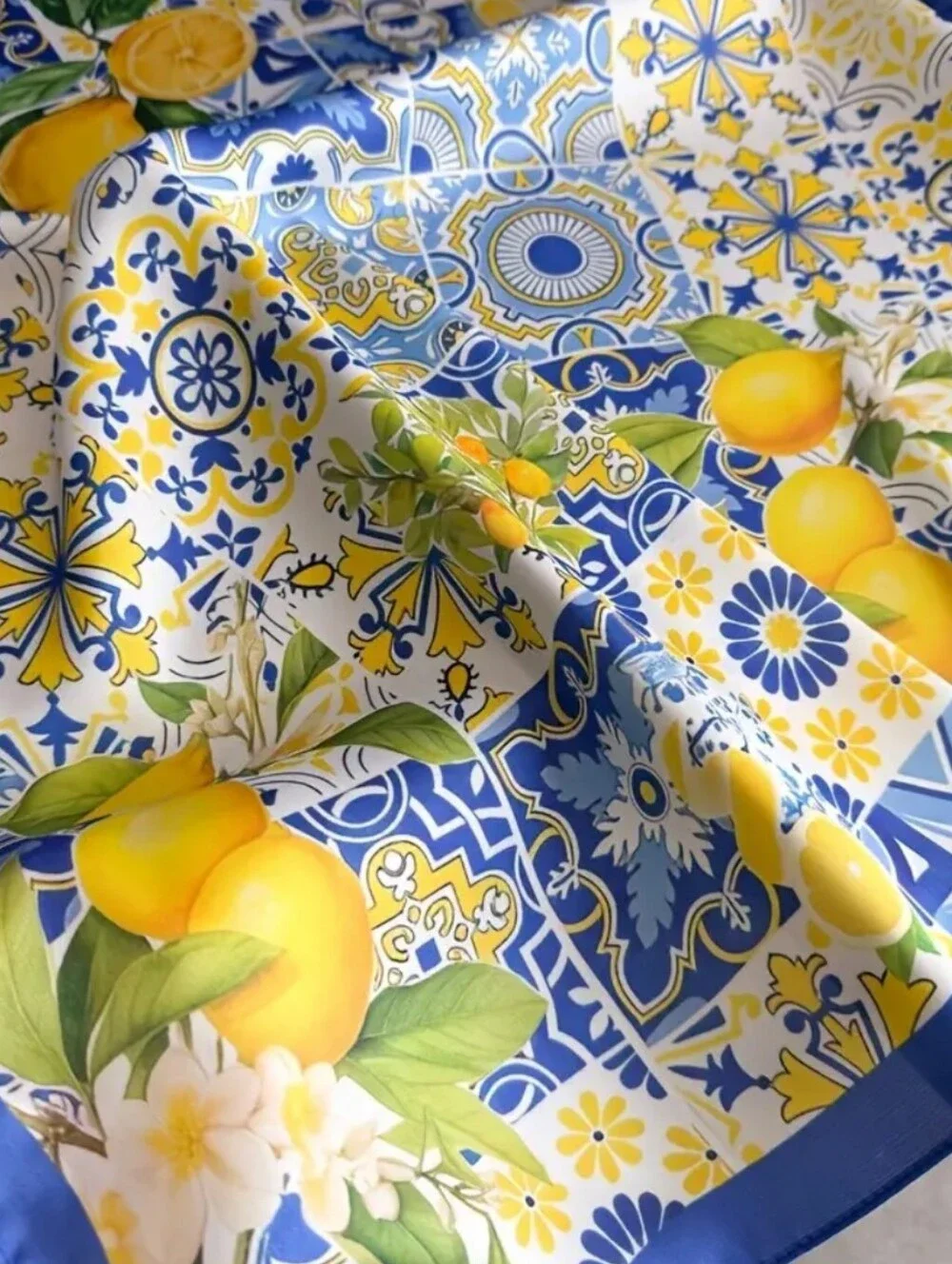 Silk'-Feel Blue & Yellow Lemon Print Scarf Women Head Scarf, Neck Scarf